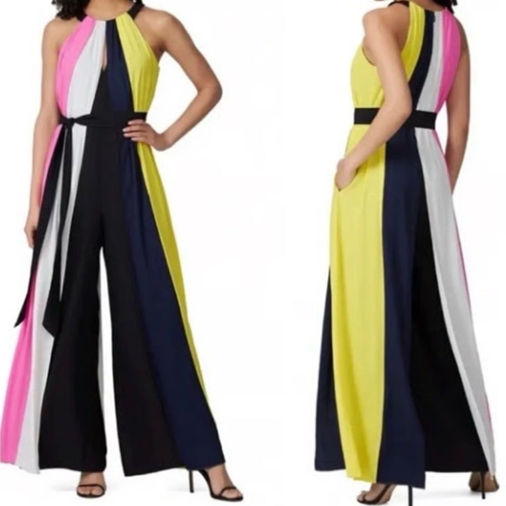 Colorblock Halter Wide-Leg Jumpsuit in Yellow, Black & Pink